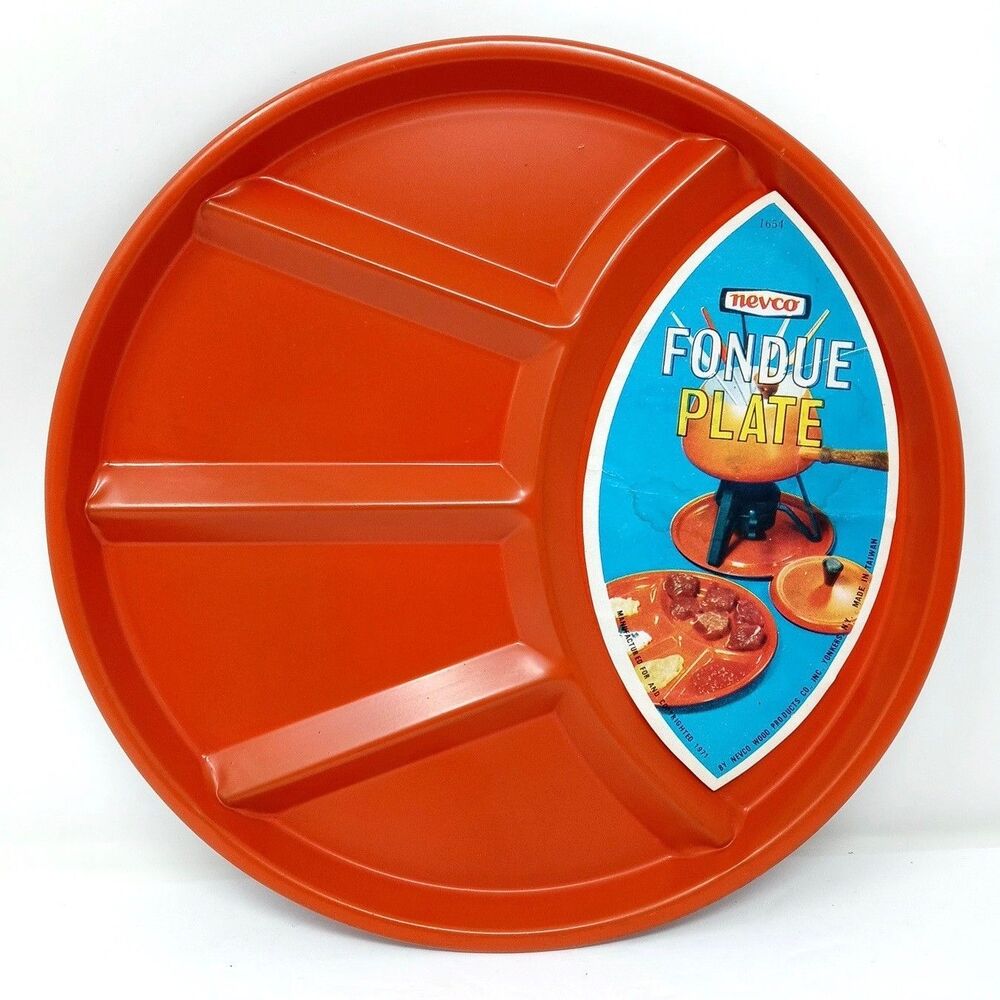 NEW Vintage 70s Nevco MCM Fondue Plates Divided Enamel 9.25" Orange & Green Set - Picture 2 of 9